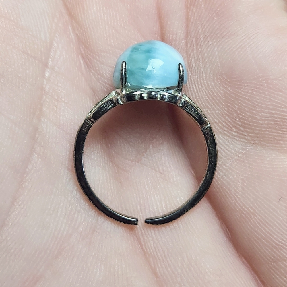 Genuine Larimar S925 Sterling Silver Adjustable Ring, Vintage Antiqued Style - Picture 8 of 11